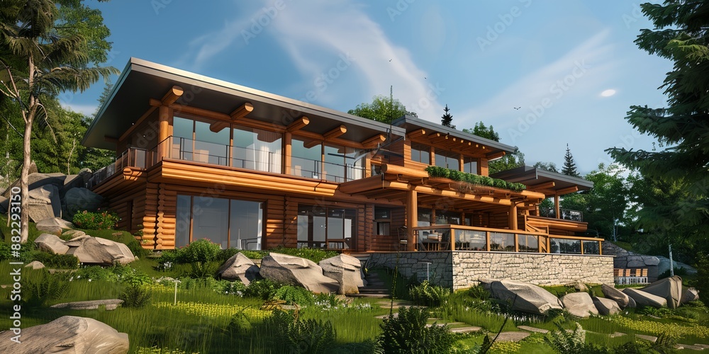 A large log cabin with a mountain in the background. The cabin has a lot of windows and a balcony A large log cabin with a mountain in the background. The cabin has a lot of windows and a balcony
