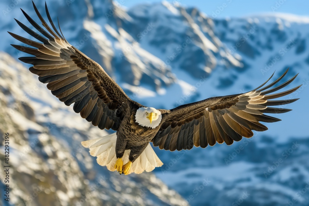 Fototapeta premium Majestic bald eagle soaring over snowy mountains