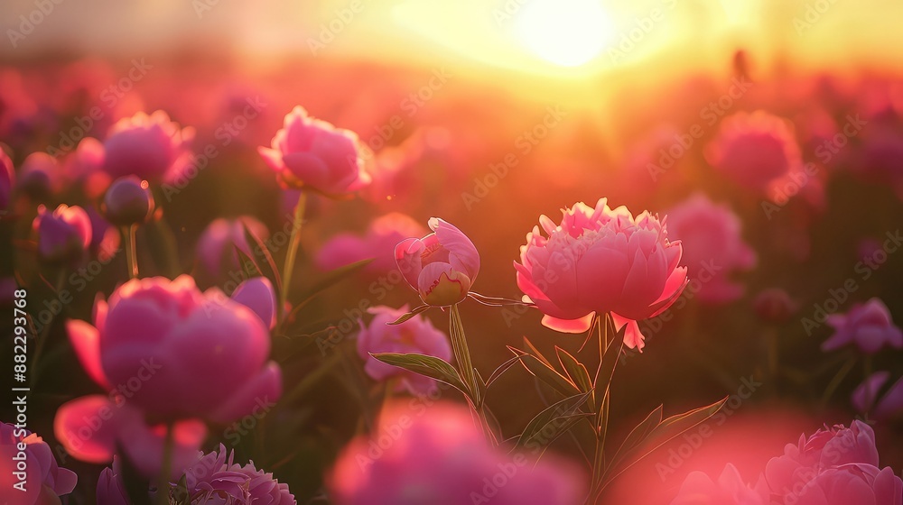 Obraz premium Pink peonies in the golden light of sunset