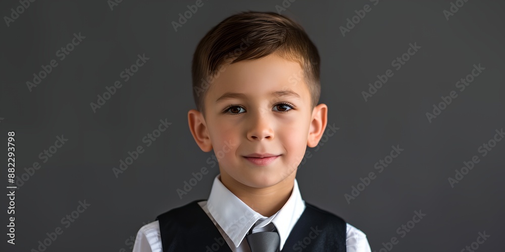 A young boy wearing a black vest and a white shirt with a tie. He is smiling and looking at the camera A young boy wearing a black vest and a white shirt with a tie. He is smiling and looking at the camera