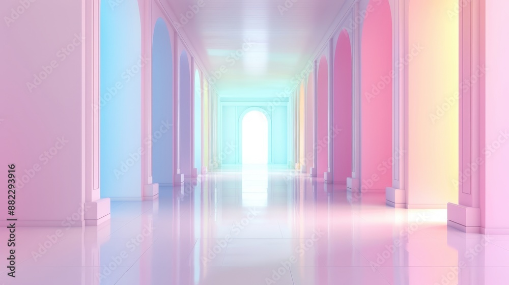 A long hallway with pink, purple, and blue walls A long hallway with pink, purple, and blue walls