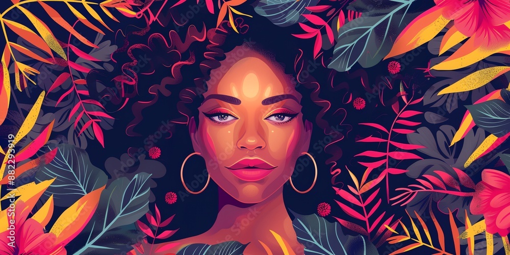 Naklejka premium A woman with a flowery background. The woman is wearing a gold hoop earring and a red lipstick
