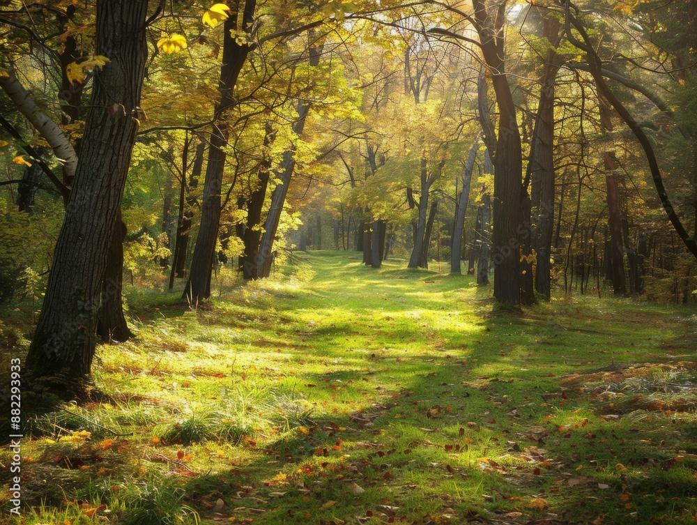 Obraz premium Serene forest scene with sunlight streaming through dense trees and green foliage, creating a peaceful and tranquil atmosphere.