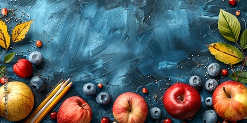 A blue background with a bunch of apples and berries photo