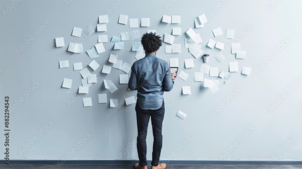 Overwhelmed Businessman Surrounded by Social Media Notifications in Office Silhouette - Productivity Loss and Multitasking Distraction Theme with Copy Space Overwhelmed Businessman Surrounded by Social Media Notifications in Office Silhouette - Productivity Loss and Multitasking Distraction Theme with Copy Space