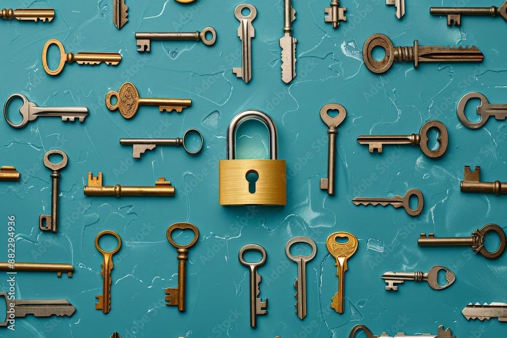 Obraz premium A single golden padlock surrounded by keys on a blue background