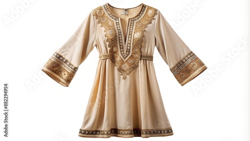 Elegant and intricate gold embroidered beige dress with wide sleeves photo