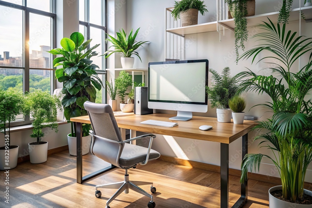 Modern office workspace background with sleek desk, chair, and plants, featuring a blank white screen monitor mockup, perfect for showcasing digital designs. Modern office workspace background with sleek desk, chair, and plants, featuring a blank white screen monitor mockup, perfect for showcasing digital designs.