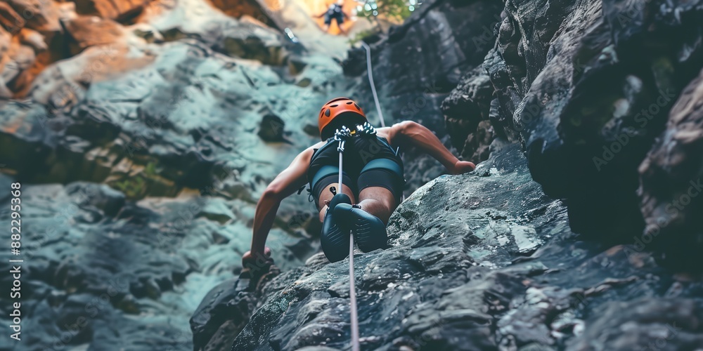 A man is climbing a rock wall with a rope. He is wearing a helmet and harness. Concept of adventure and excitement, as the man is taking on a challenging physical activity A man is climbing a rock wall with a rope. He is wearing a helmet and harness. Concept of adventure and excitement, as the man is taking on a challenging physical activity