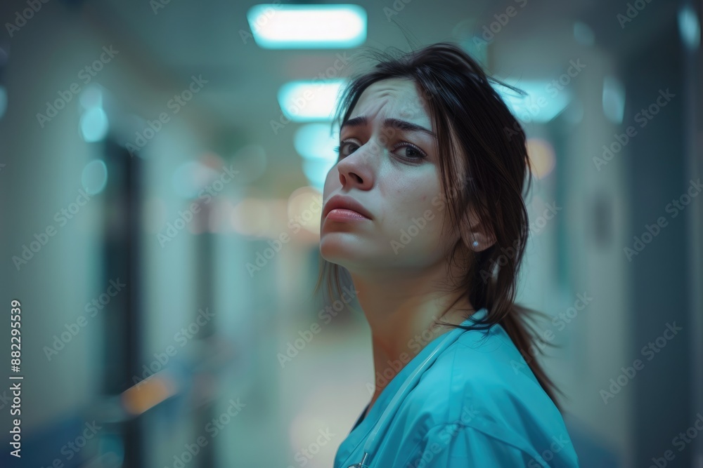 Stress Nurse. Upset Female Doctor Crying in Hospital Corridor Stress Nurse. Upset Female Doctor Crying in Hospital Corridor