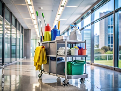 A sleek, modern janitorial cart filled with an organized assortment of cleaning products and tools stands ready in a crisp, corporate office hallway.