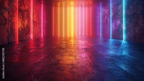 A colorful, neon-lit tunnel with a lot of smoke and water