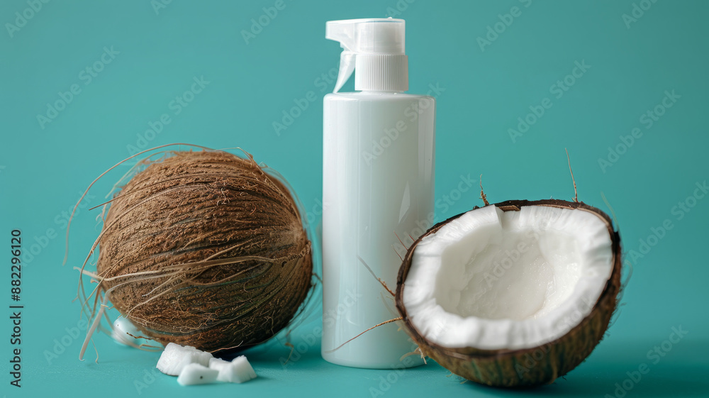 Coconuts and skincare bottle on turquoise background. Coconuts and skincare bottle on turquoise background.