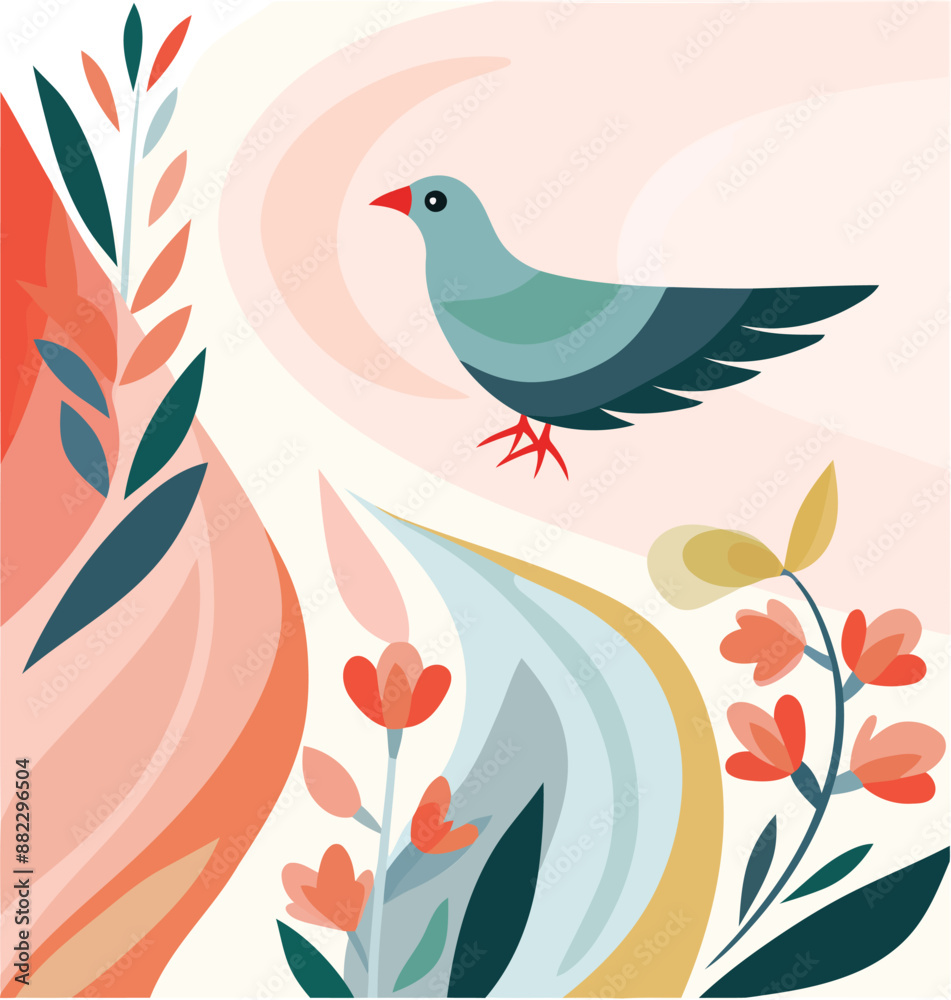 Obraz premium A colorful bird with abstract floral vector design illustrations is isolated on a transparent background.