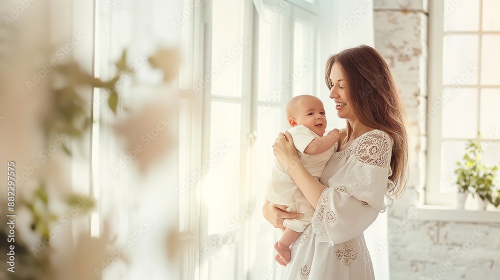 loving mom in white dress carying of her newborn baby at light home loving mom in white dress carying of her newborn baby at light home