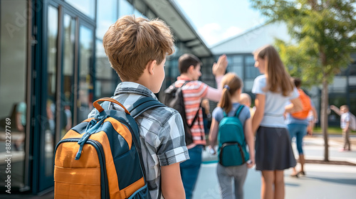 Young Boy with Backpack Waving at School Bus on First Day of School