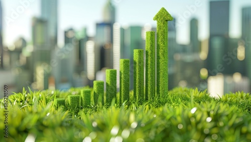 Green bar chart made of grass in the foreground and a blurred city in the background © Kaleb