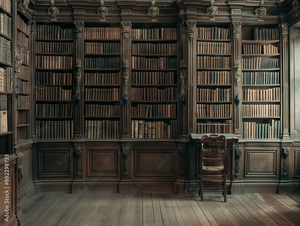 large antique library, old with wooden furniture and thousands of old books with brown colors, large vaults large antique library, old with wooden furniture and thousands of old books with brown colors, large vaults