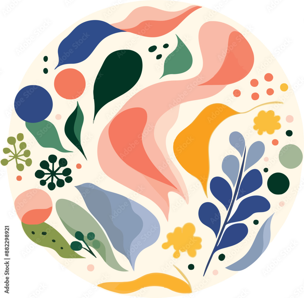 Fototapeta premium Colorful abstract graphic elements with flower and leaves vector illustrations are isolated on transparent background.