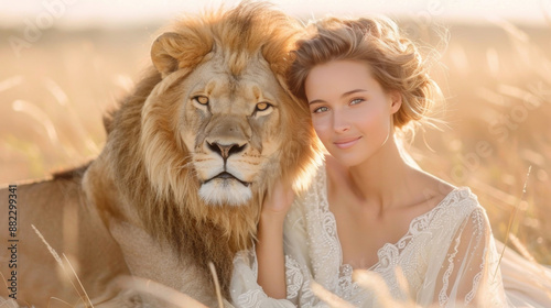 Captivating Fashion Photoshoot with Model and Tame Lion in Sunset Meadow