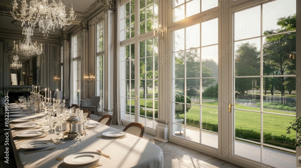 An elegant dining room with a long table, a crystal chandelier, and tall windows overlooking a manicured lawn. An elegant dining room with a long table, a crystal chandelier, and tall windows overlooking a manicured lawn.