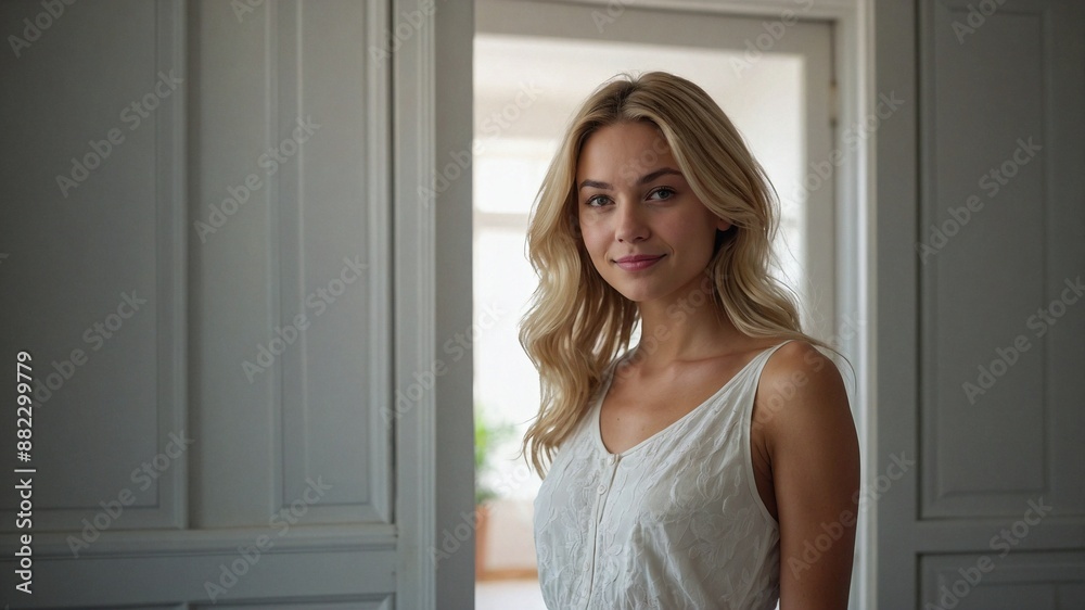 Elegant Blonde Woman with Flowing Hair Smiling Inside a Bright, Modern Home with White Interior and Daylight Streaming In Elegant Blonde Woman with Flowing Hair Smiling Inside a Bright, Modern Home with White Interior and Daylight Streaming In