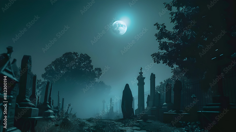 A spooky apparition gliding among tombstones in a dark cemetery under the moon's glow. A spooky apparition gliding among tombstones in a dark cemetery under the moon's glow.