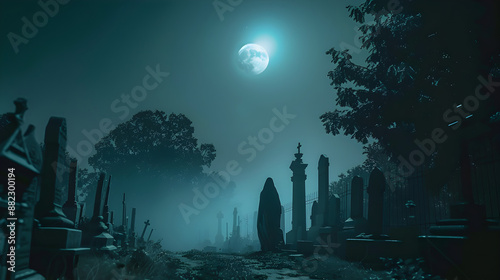 A spooky apparition gliding among tombstones in a dark cemetery under the moon's glow.