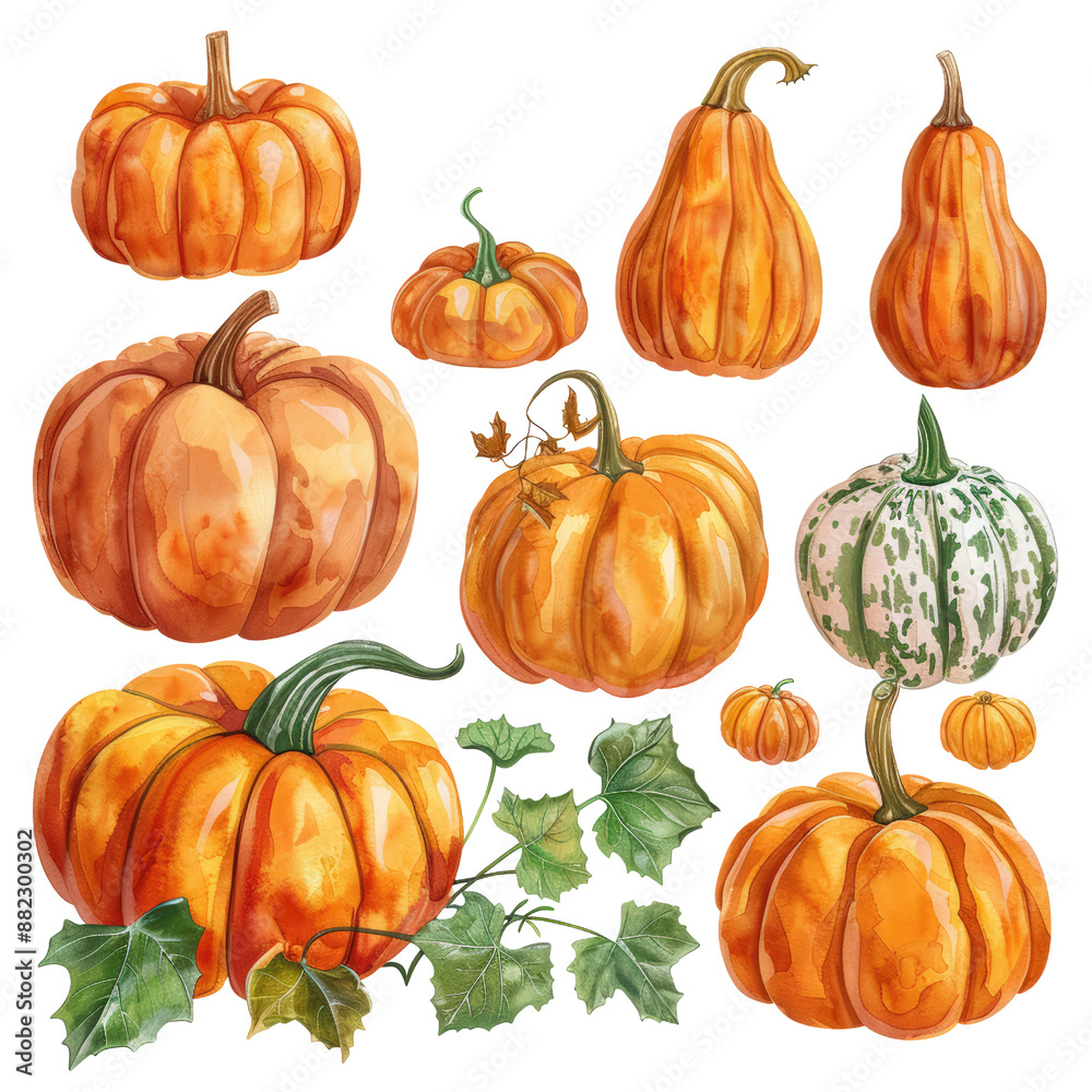 Watercolor illustration of various pumpkins and gourds, perfect for Halloween and autumn decorations isolated on white or transparent png background Watercolor illustration of various pumpkins and gourds, perfect for Halloween and autumn decorations isolated on white or transparent png background