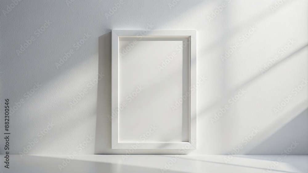 Empty white rectangular vertical frame hanging on a white wall mockup with a subtle shadow, perfect for displaying art, photography, or graphic designs. Empty white rectangular vertical frame hanging on a white wall mockup with a subtle shadow, perfect for displaying art, photography, or graphic designs.