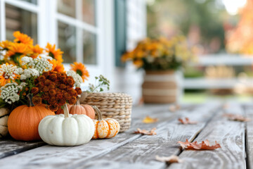 Thanksgiving table setting outdoors with pumpkins and candles. Autumn home decoration