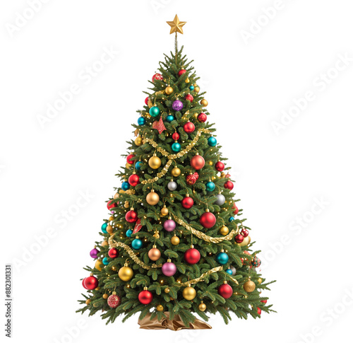 A festive Christmas tree adorned with colorful ornaments, twinkling lights, and a sparkling star, embodying holiday spirit and cheer isolated transparent image
