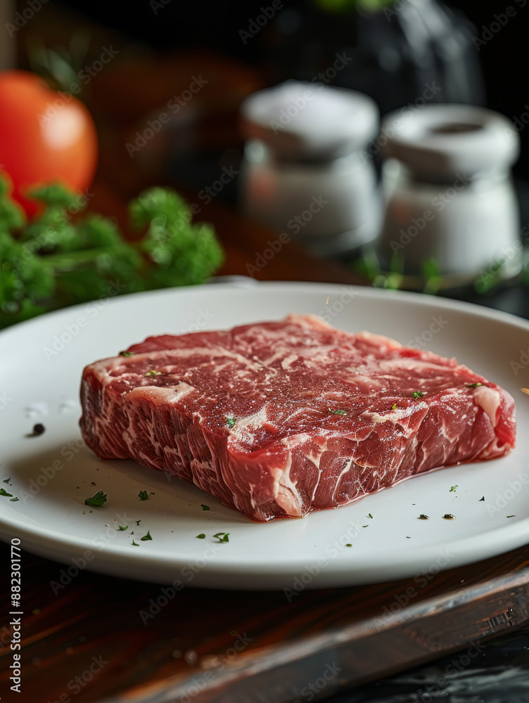 Raw marbled beef steak on a plate with garnishing. Raw marbled beef steak on a plate with garnishing.