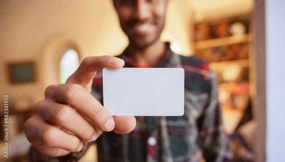 Artist in art studio, holding an empty business card close to the camera, focus on the business card mockup, personal branding. Artist in art studio, holding an empty business card close to the camera, focus on the business card mockup, personal branding.