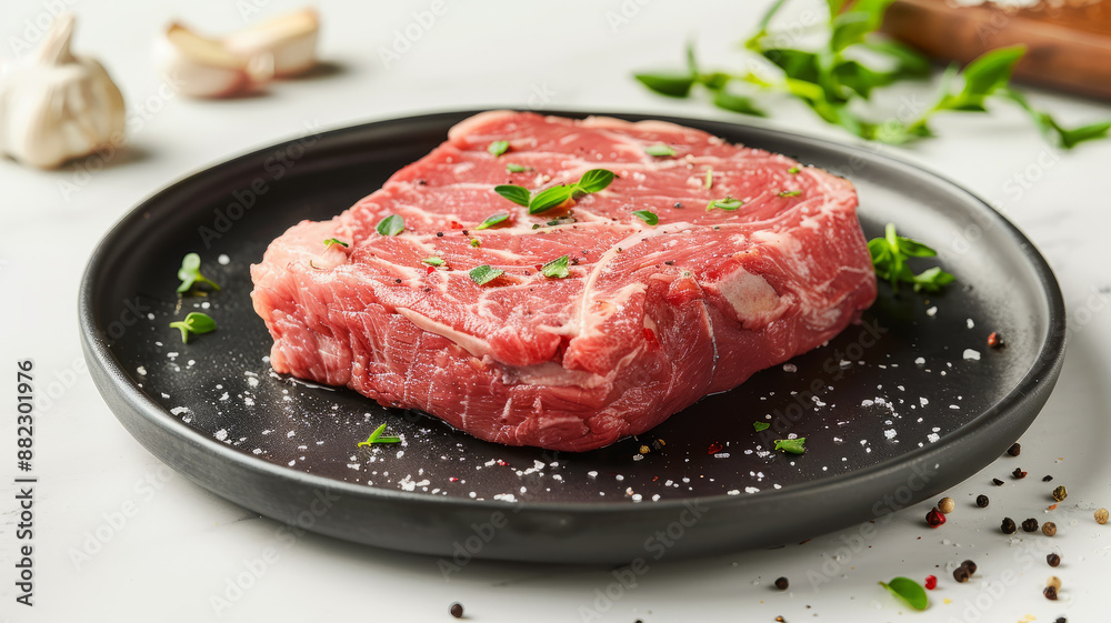 Fresh raw beef steak garnished with herbs and spices on a black plate. Fresh raw beef steak garnished with herbs and spices on a black plate.
