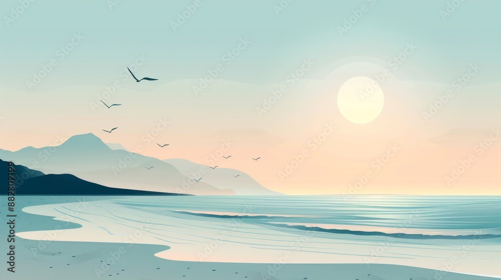 A minimalist flat design illustration of a tranquil beach scene A minimalist flat design illustration of a tranquil beach scene