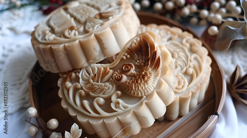 Celestial Delicacies: Intricate Mooncakes on Bamboo