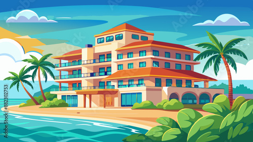 Fancy hotel on the beach, vector illustration