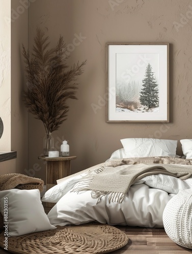 A cozy Scandinavian bedroom featuring soft blankets, woven accents, neutral tones, and a framed snowy pine tree artwork on the wall, creating a serene atmosphere. photo