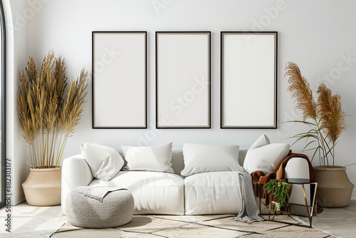 White living room design featuring a plush sofa, earthy decor elements, and three large wall frames that add a structured and stylish visual appeal. photo