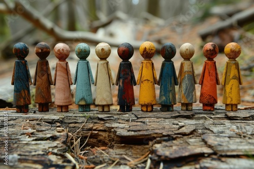 Several colorful wooden peg dolls are neatly arranged side by side outdoors on a piece of weathered wood, highlighting craftsmanship and creativity in a natural setting.