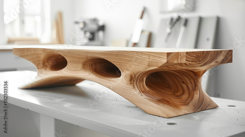 Contemporary wooden bench with abstract design photo