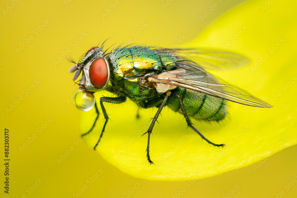 Green bottle fly making bubble while standing on a yellow leaf with blurred background Green bottle fly making bubble while standing on a yellow leaf with blurred background