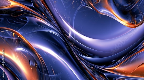 Fluid abstract digital art in rich deep blue and copper tones, featuring flowing forms and glistening highlights that create a sense of continuous movement and elegance. photo