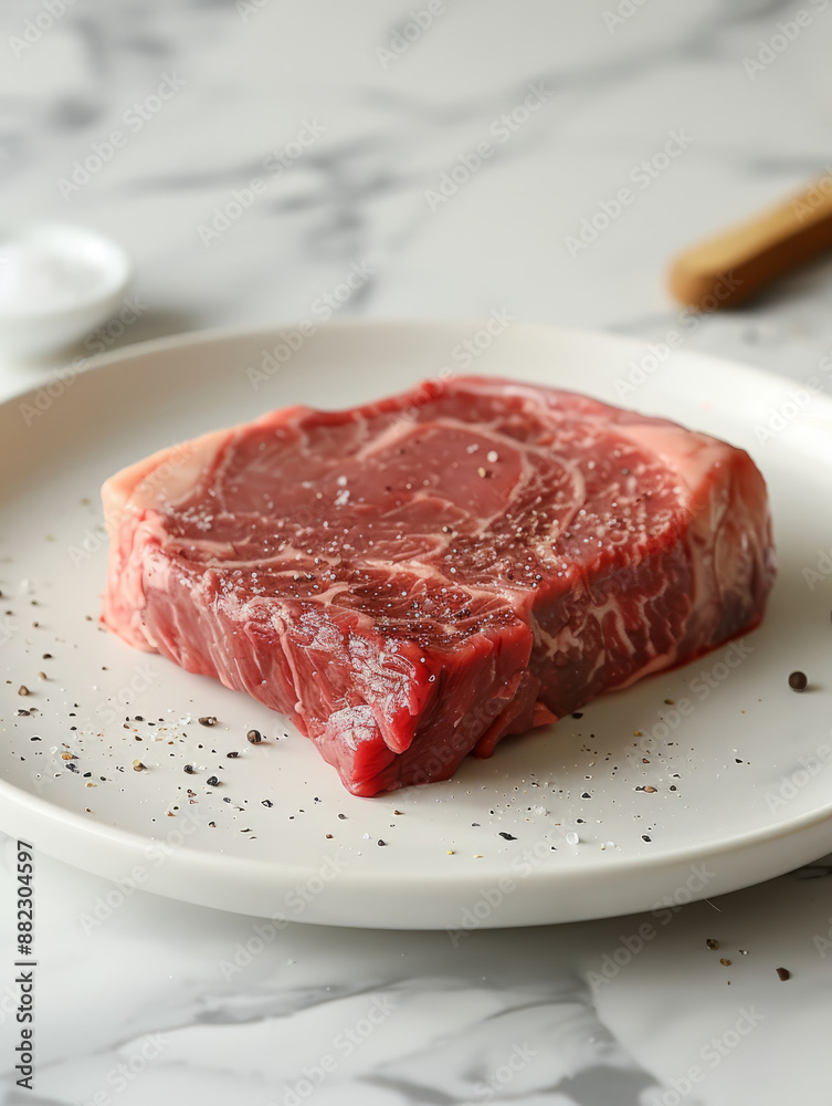 Raw ribeye steak with seasoning on a white plate. Raw ribeye steak with seasoning on a white plate.