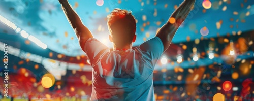 A man in a white jersey raises his arms in triumph, confetti falls around him.
