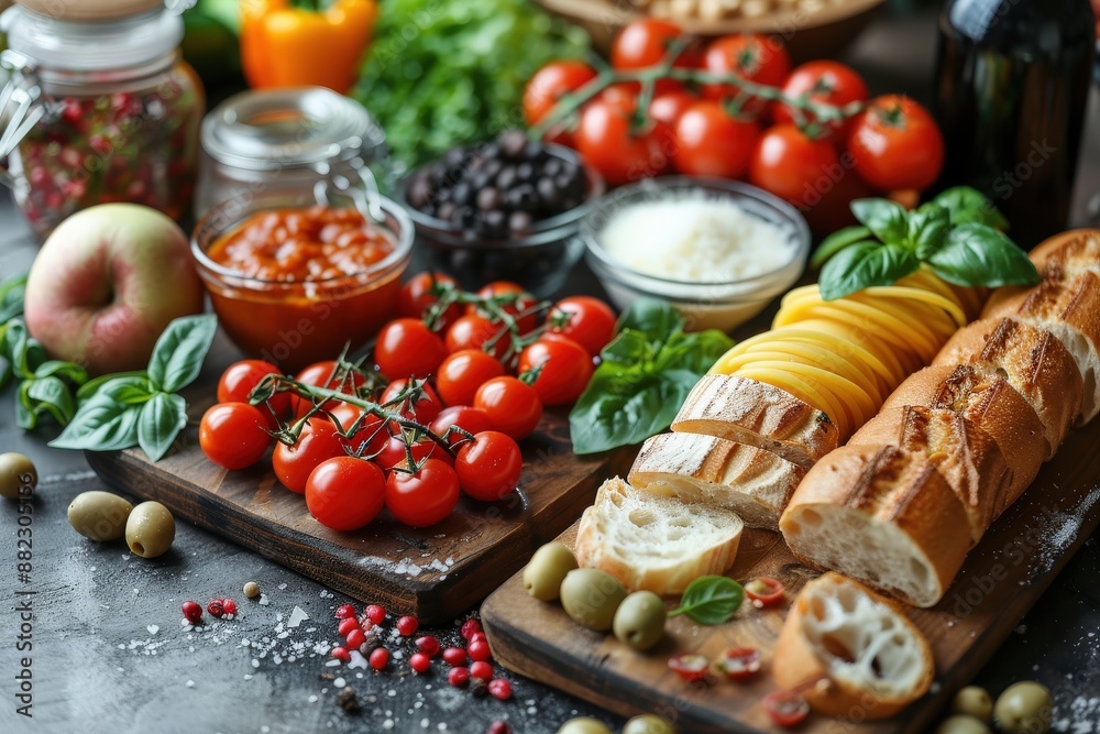 A top view of an arrangement of fresh vegetables like tomatoes, olives, and peppers, alongside sliced bread, showcasing a colorful and healthy spread ready for meal preparation. A top view of an arrangement of fresh vegetables like tomatoes, olives, and peppers, alongside sliced bread, showcasing a colorful and healthy spread ready for meal preparation.