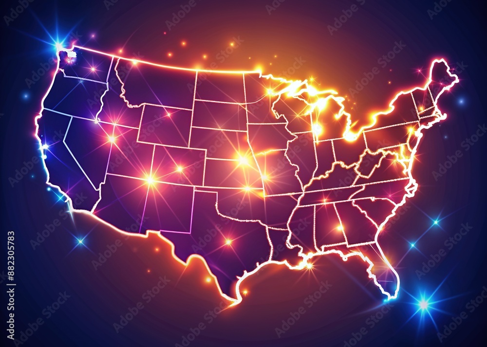 A vibrant illustration of the United States map with a radiant glowing outline, highlighting the country's borders and geographical contours in stunning detail. A vibrant illustration of the United States map with a radiant glowing outline, highlighting the country's borders and geographical contours in stunning detail.