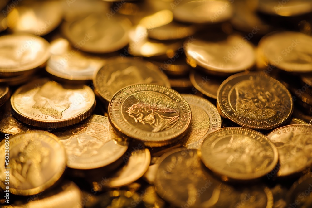 A detailed pile of gold coins symbolizing wealth, prosperity, and luxury, reflecting bright light, scattered around. A detailed pile of gold coins symbolizing wealth, prosperity, and luxury, reflecting bright light, scattered around.