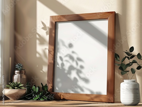 An inviting scene with a wooden frame placed on a table alongside small green plants, illuminated by soft morning sunlight casting shadows on the wall. photo